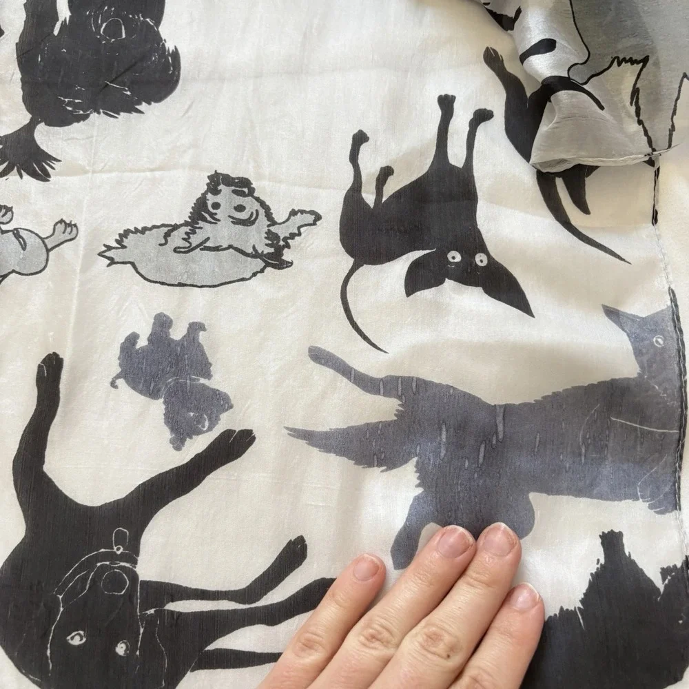 Vintage Dog Lover Womens Scarf 100% Silk Shawl Gray Feminine‎ Whimsy Coquette